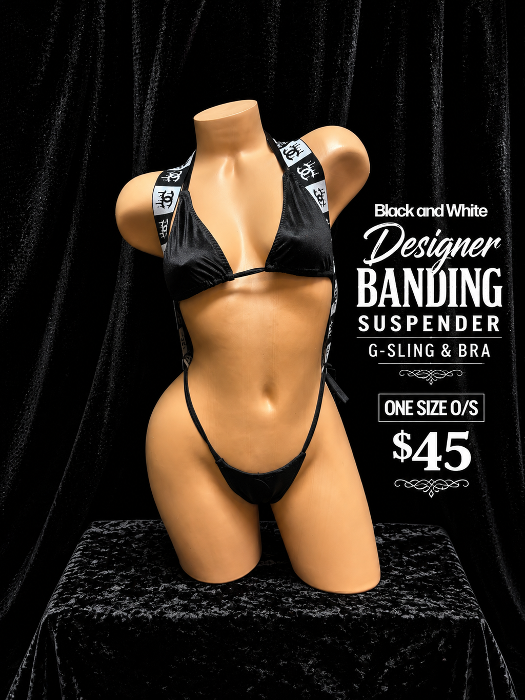 Modern black suspender lingerie outfit with triangle bra and G-string for stage performances, pole dance, festivals, and photoshoots.